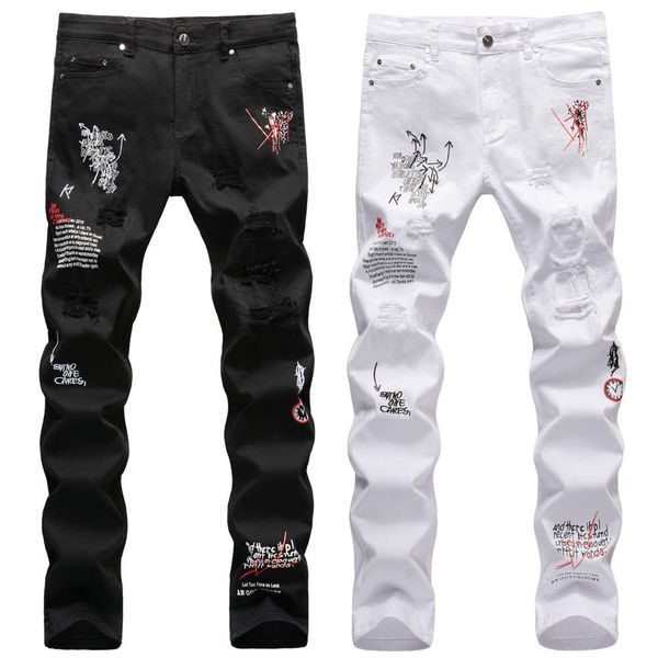 

gaojiechao brand pierced english embroidery print black and white slim fit small straight tube personalized graffiti jeans men, Blue