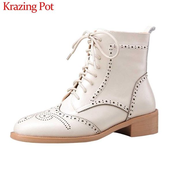 

boots krazing pot british vintage brogue lace up carved genuine leather toe med heels winter keep warm women ankle l28, Black