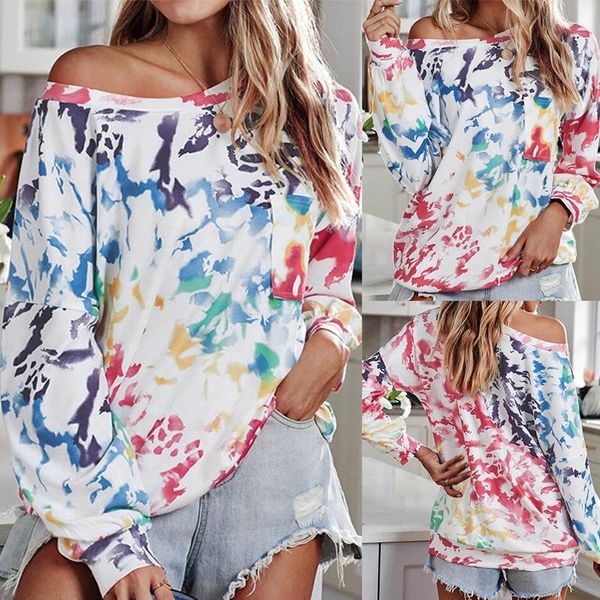 

ladies tie dye sweatshirt print loose off shoulder casual round neck long sleeve pullover, Black