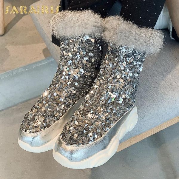

sarairis 2021 new fashion sequined cloth comfy warm plush shiny booties women shoes platform trendy bling winter boots lady, Black
