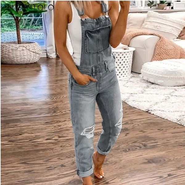 

women long jeans summer suspender trousers hole washed slim-fit fashion casual women's pveralls jeans lugentolo1, Blue