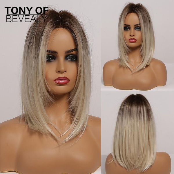 

brown to light blonde ambre ambre средний прямой слоистый боб синтетические парики средняя часть для женщин теплостойкий cosp wmtzak, Black
