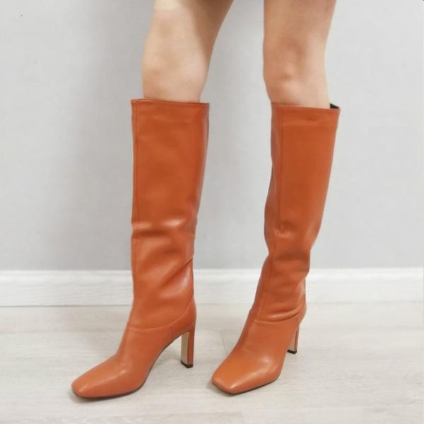 

boots knee-high women shoes square toe chunky heels long lady high heel slip-on female winter brown size 43, Black