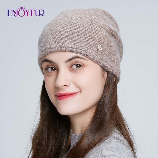 

enjoyfur winter hats for women knitted angora rabbit fur beanies warm double layer female cap for autumn y200103, Blue;gray