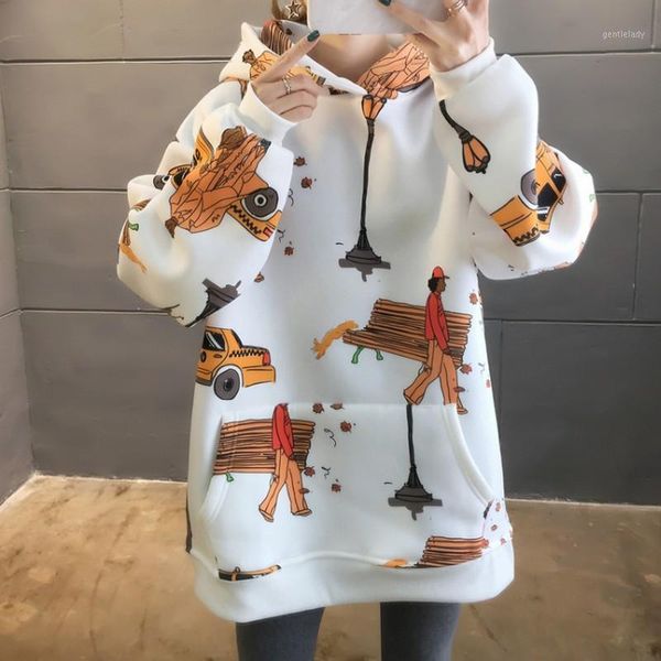 

women's hoodies & sweatshirts cartoon printing women korean loose sweatshirt woman plus velvet oversized hoodie autumn casual women&#03, Black