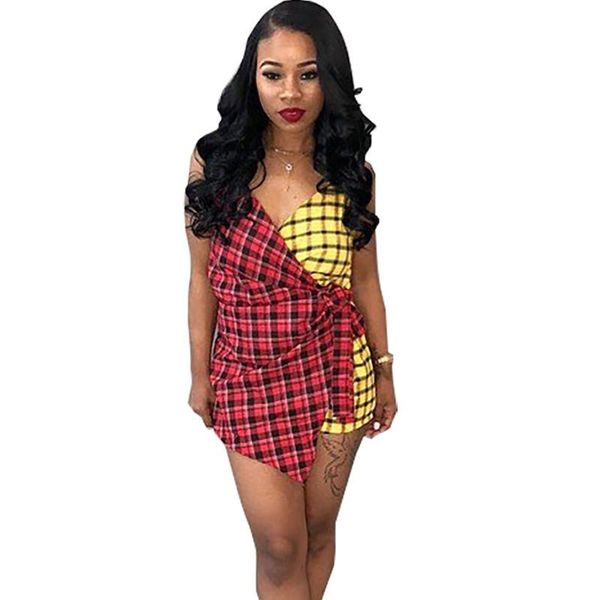 

casual dresses women v-neck strap patchwork mini wrap dress asymmetrical sleeveless plaid print nightclub short party vestidos, Black;gray