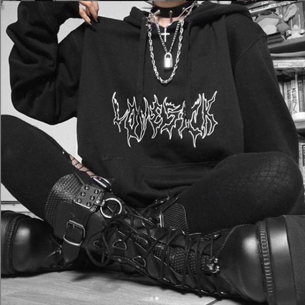 

women loose streetwear black sweatshirt knitted hooded goth punk print pullover fashion moletom long hoodie women