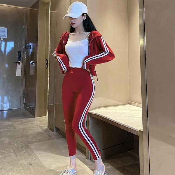 

women's tracksuits hong kong style zipper short small coat high waisted slim drawstring pants casual fashion suit, Gray