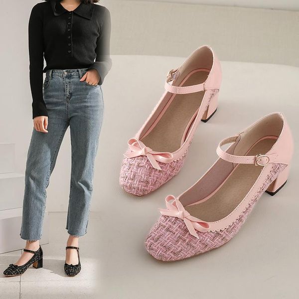 

ymechic block high heels pumps women shoe pink black red square toe bowtie sweet party mary jane lolita shoes womens 2020 summer