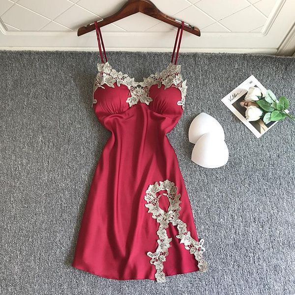 

women's sleepwear silky nightdress lace spaghetti strap nightgown women nightwear 2021 spring intimate lingerie home clothes, Black;red