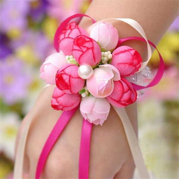 

korean elegant wrist flower rose silk ribbon corsage hand decor pearls wristband bracelet bridesmaid band clip wedding bouquet