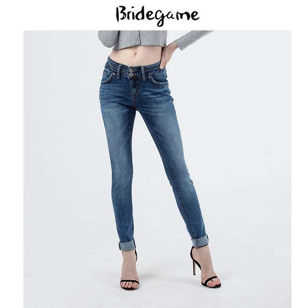 

women's autumn and winter new versatile foldable hem low waist small leg pants jeans women, Blue