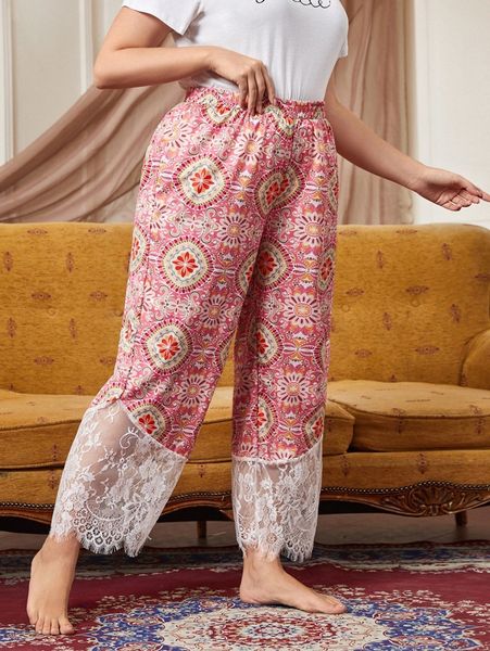 

plus damask print eyelash lace hem pajama pants d81h#, Black;white
