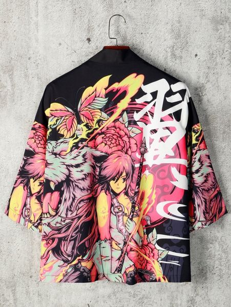 

men floral & figure graphic kimono without tee a2fp#, White;black