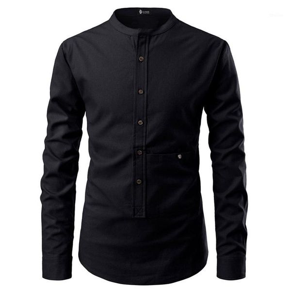 

men's dress shirts 4 color hedging men's solid pocket decoration stand collar long sleeve shirt shirt1, White;black