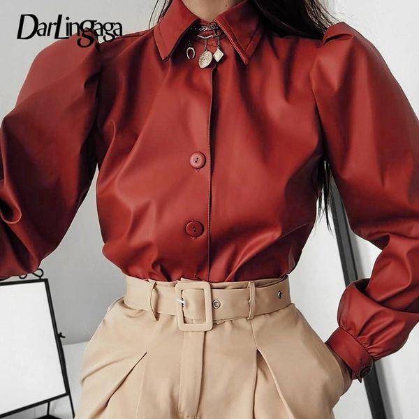 

darlingaga puff sleeve faux pu leather blouse shirt solid buttons crop fashion women blouse elegant retro office ladies y200403, White