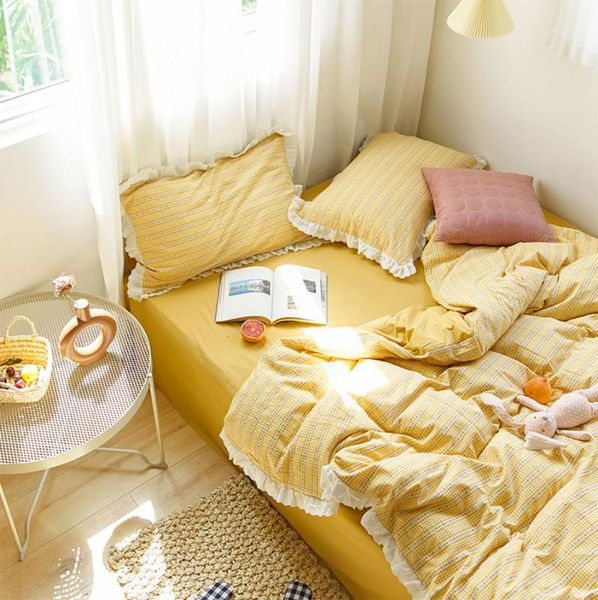 

romantic yellow ruffled bedding set teen girl,cotton full  king cute double home textile bed sheet pillow case quilt cover1