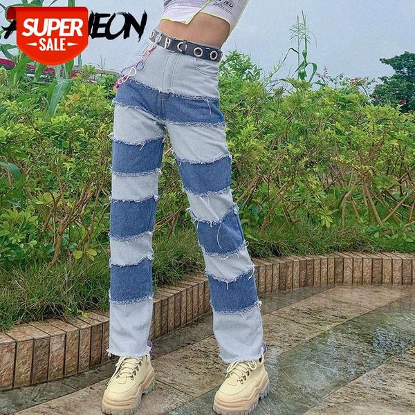 

allneon y2k e-girl patching sew stitch jeans for women hip hop hight waist denim loose long pants fashion chic outfit streetwear #q11n, Black;white