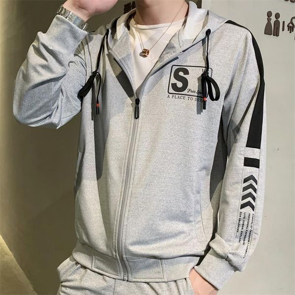 

fashion autumn new trend hooded cardigan zipper youth sports casual men's long sleeve sweater, Gray