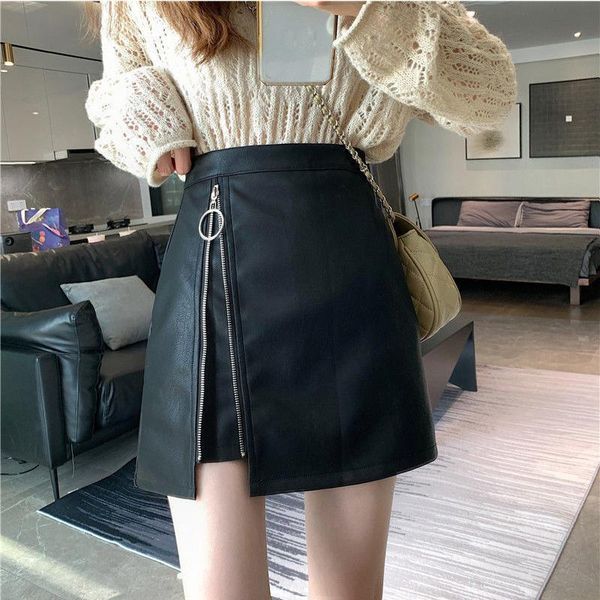 

2021 new women irregular skirts sprint autumn black pu leather short club bangage high waist skirts female vintage korean