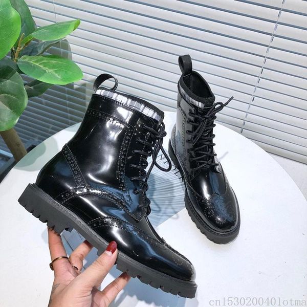 

boots patent leather women ankle fashion embroidery lace up patchwork autumn winter short 2021, Black