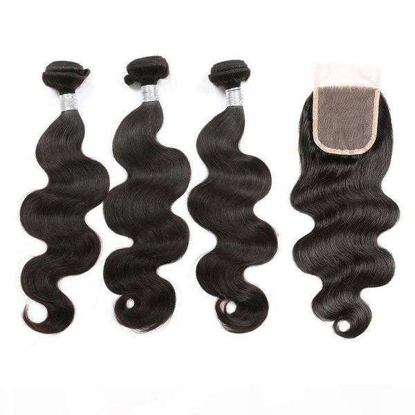 

body wave human hair bundles with closure grade 9a brazilian virgin hair weave 3 bundles with 4*4 lace closure extensions, Black;brown