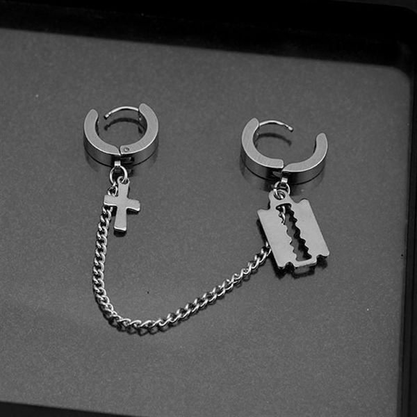 

1 pcs kpop korean razor blades cross stud earrings for women men stainless steel punk jewelry tassel shaver geometric earrings, Golden;silver
