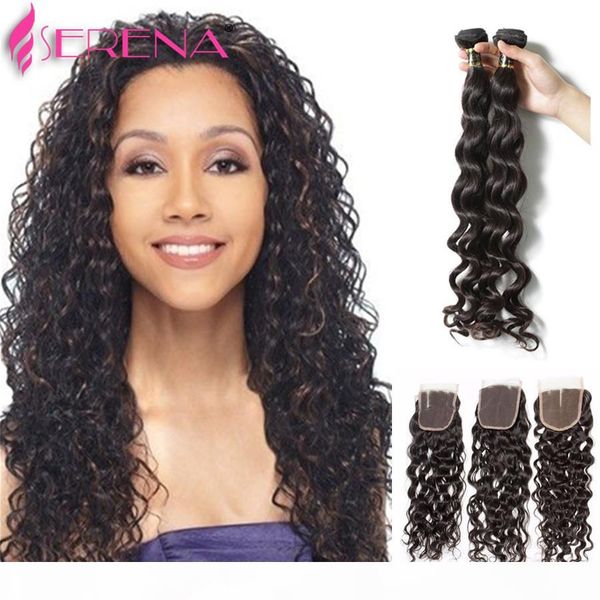 

rosa hair products brazilian water wave virgin hair bundles with lace closure wet and wavy brazilian lace closure with bundles, Black;brown