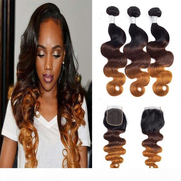 

brazilian virgin hair bundles with closures natural wave human hair bundles ombre three tone hair weaves 8-28 inch, Black