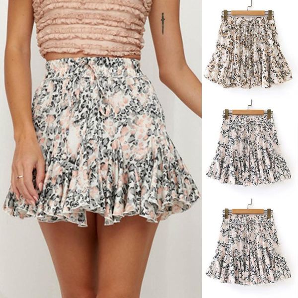 

womail fashion chiffon women casual print ruffles skirt a-line pleated lace up bandage mini pleated short skirts mujer faldas, Black