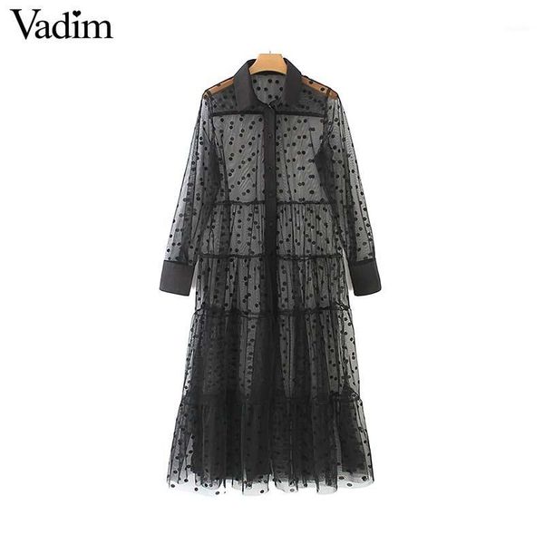 

women stylish polka dot patchwork transparent midi shirt dress long sleeve female chic mesh dresses vestidos qb6701, Black;gray