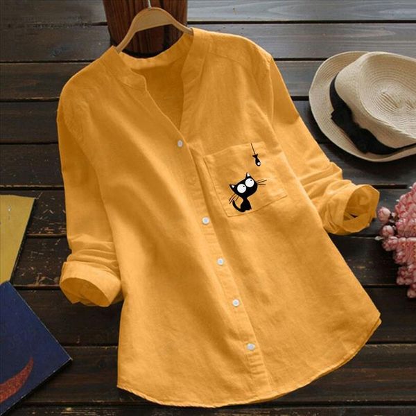 

женщины cat print blouze хлопковая бельневая повседневная рубашка с длинным рукавом блузка на верхние вершины женские топы и блузки свободны, White