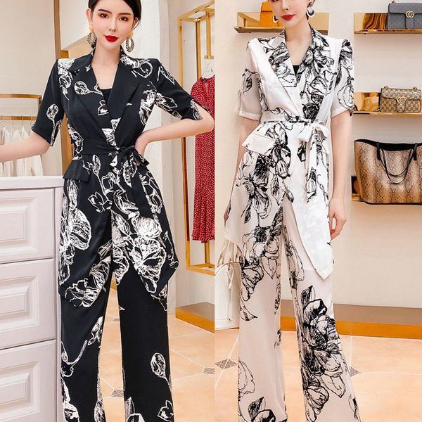 

floral imprint of women blazer with korean pants piece female chiffon dress and pantalon femme ladies suits e6vs, White;black