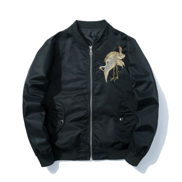 

2021 new winter embroidered harajuku crane chinese fighter black male flight young baseball autumn jacket ta8t v01s, Black;brown