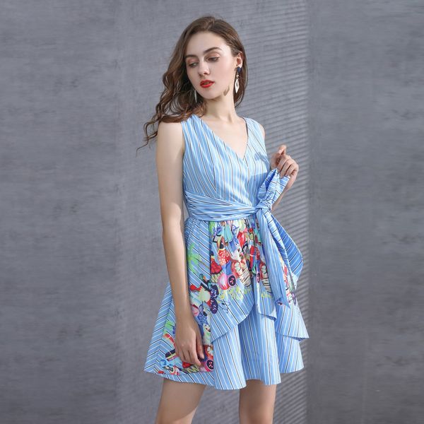

2021 new v neck sleeveless striped print panelled milan runway dress brand same style dress 1218-46, Black
