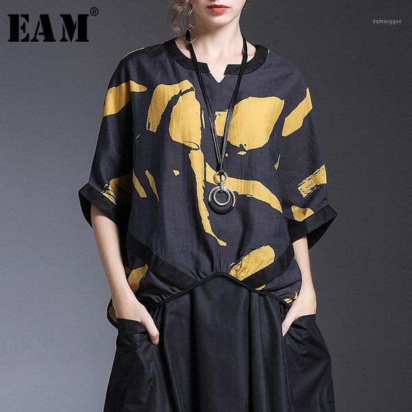

eam] 2020 new spring summer v-collar half sleeve print pattern temperament loose big size shirt women blouse fashion tide jx2511, White
