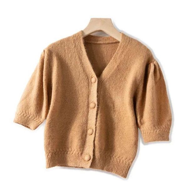 

women sweater 2020 spring and summer new v-neck puff sleeve short-sleeved thin sweater mohair, White