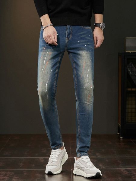 

men bleach wash splash ink skinny jeans j5f3#, Blue