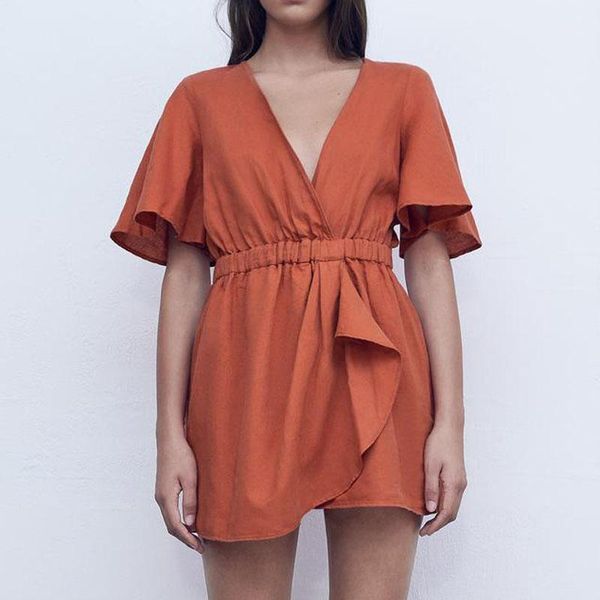 

agong summer casual v neck jumpsuits women fashion solid linen ruffles jumpsuit women elegant short jumpsuits female ladies gx1, Black;white
