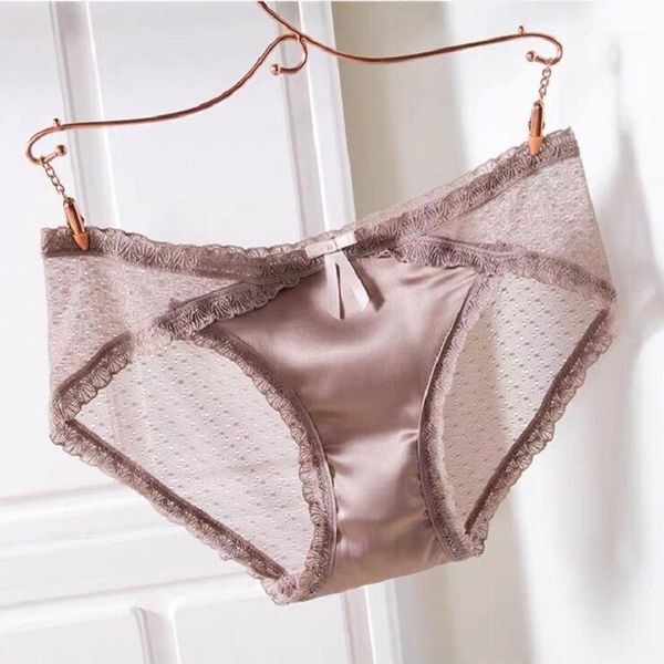 

2020 new satin lace panties women's underwear sheer dot mesh briefs knickers soft transparrent briefs panty1, Black;pink