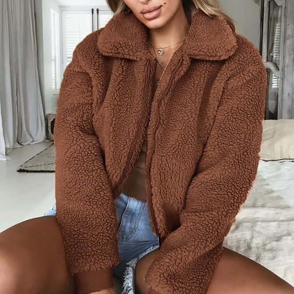 

veste polaire femme hiver 2021 dames jas fleece jacket women lapel solid cotton long sleeve teddy coat cazadoras de mujer, Black;brown