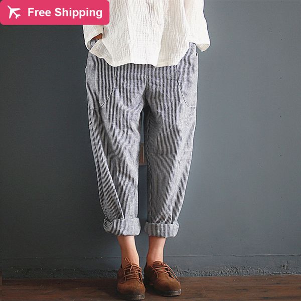 

striped linen streetwear female capris with high waist hare women's pants plus size 5xl, Black;white