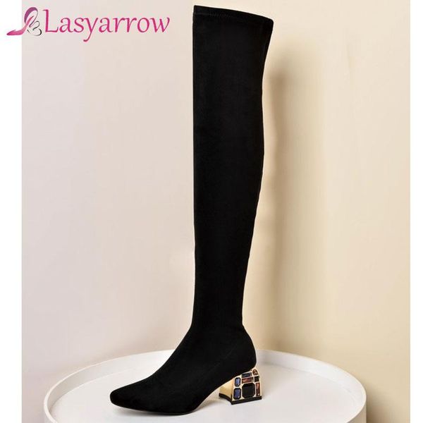 

boots lasyarrow 2021 winter over the knee women stretch fabric thigh high woman shoes long bota feminina zapatos de mujer, Black