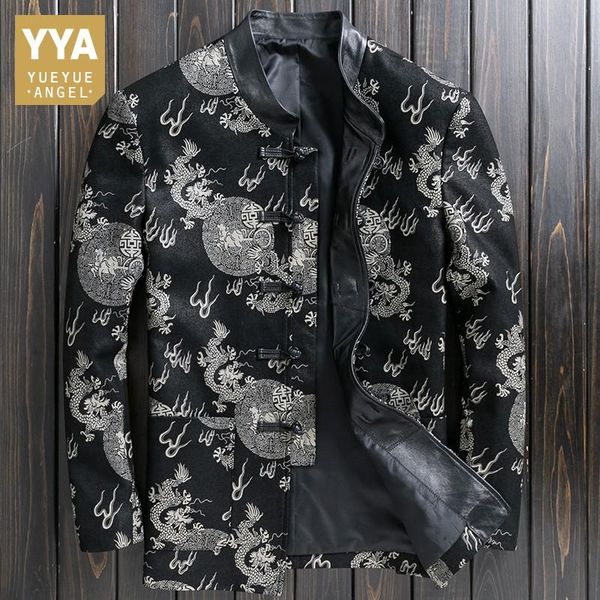 

chinese style real leather jacket men print stand collar sheepskin short coat designer casual single breasted outerwear oversize, Black