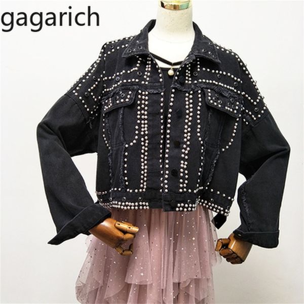 Gagarich Autunno Donna Harajuku Giacca di jeans rossa Cappotto pesante Rivetto di perline a mano Corto Giacca di jeans nera Studente Cappotti di base Outfit LJ200813