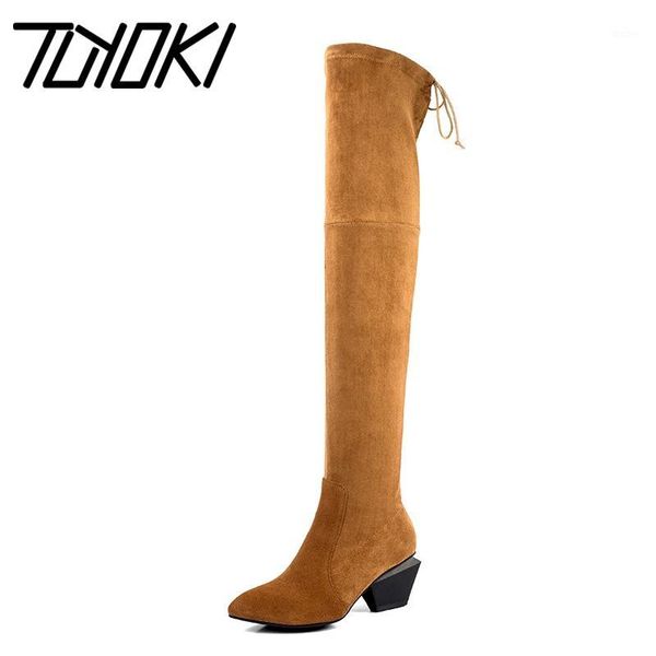 

tuyoki women over knee boots pointed toe chunky heels stretch boots lace up office shoes woman footwear size 33-431, Black