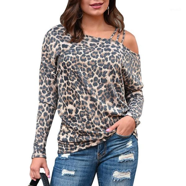 

women's t-shirt female women's 2021 long sleeve pullover leopard print one shoulder tees autumn spring clothes1, White