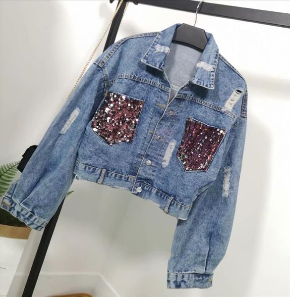 

women denim coats european runway style sequins double pocket vintage basic jean coat short female girl streetwear female, Black;brown