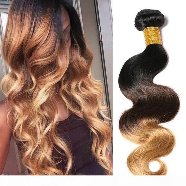 

ombre malaysian virgin hair body wave 3pcs malaysian body wave 3 tone ombre 1b 4 27(30) blonde human hair weave bundles, Black