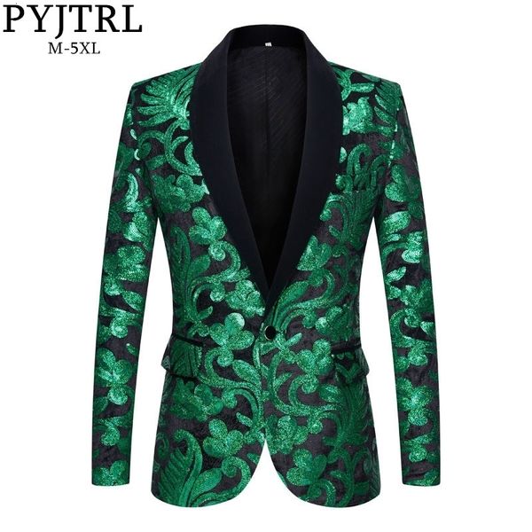 Pyjtrl Erkekler Şık Şal Yaka Blazers Yeşil Siyah Kadife Çiçek Sequins Suit Ceket Düğün Balo Sahne Şarkıcılar Slim Fit Kostüm 201104